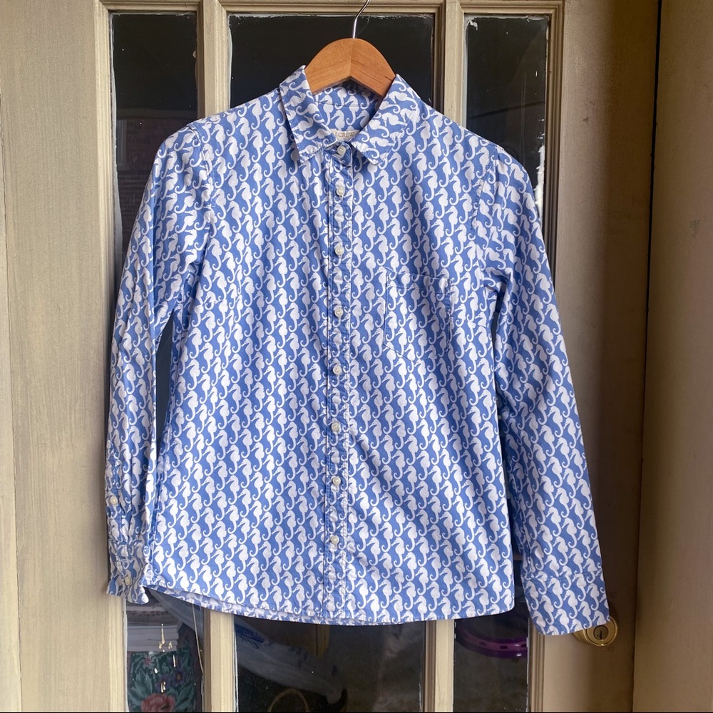 NWOT J. Crew Seahorse Blue Chambray 100% Cotton Printed Button Down Blouse